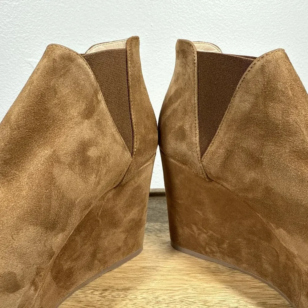 Dee Keller Suede Open Toe Pull On Platform Wedges‎ Caramel Size 38 Italy